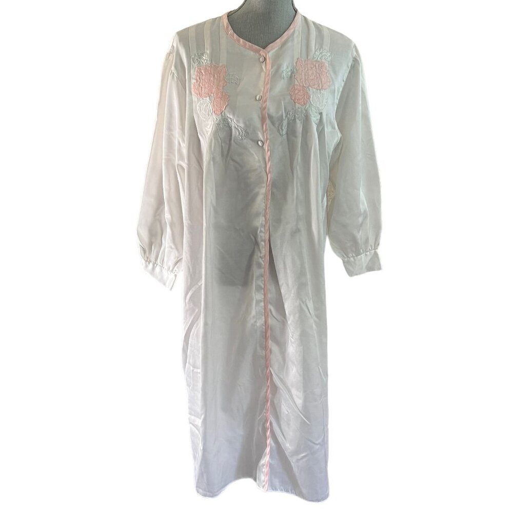 Vtg Etienne Pink Satin Large Embroidered Peignoir Robe Nightgown Cottagecore